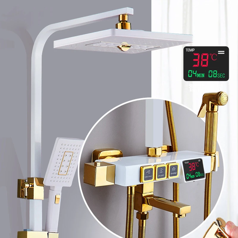 

Digital black shower set thermostatic bath mixer bathroom shower set Gold Bathtub faucet with display digital shower set White