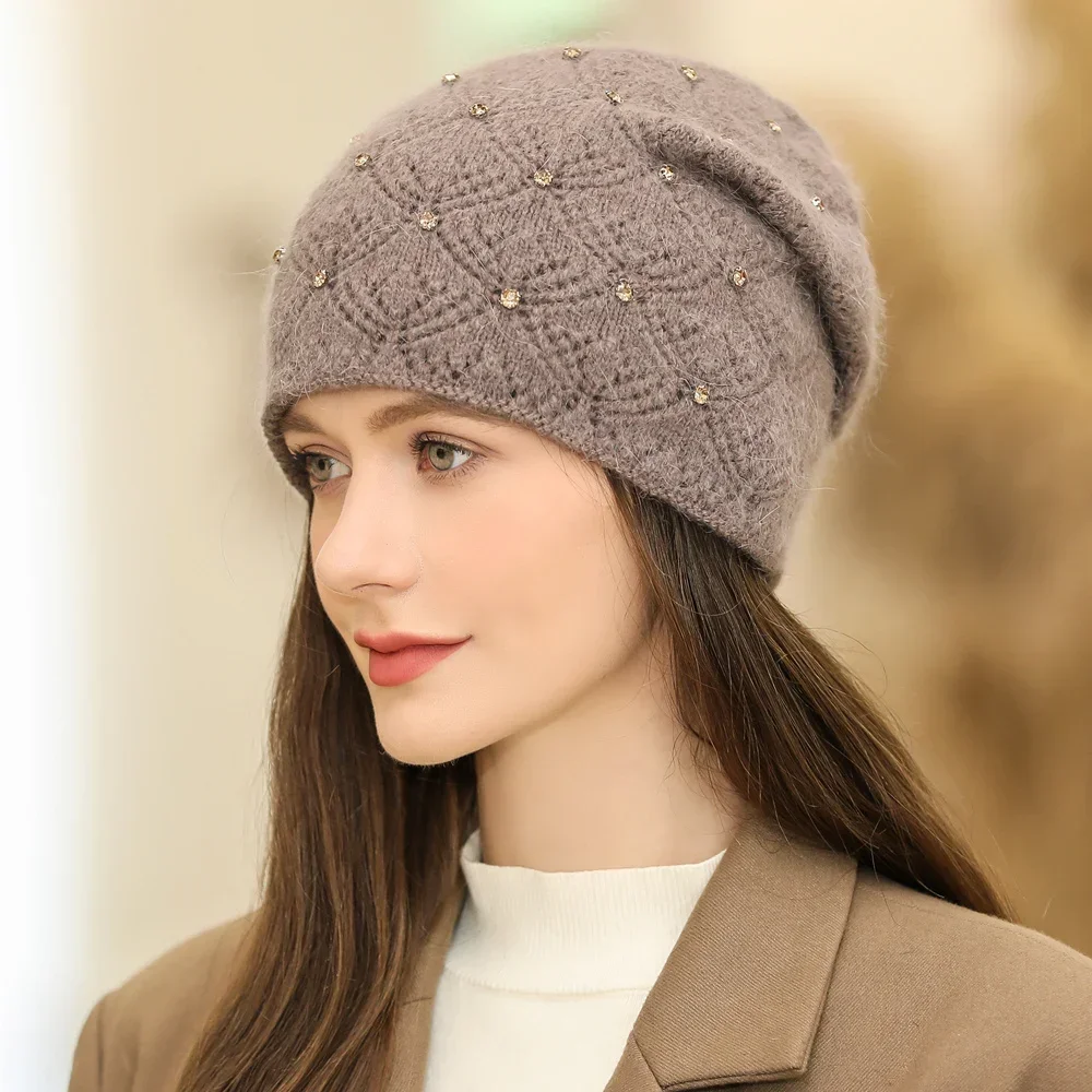 

Elegant Style Women Winter Cap Streetwear Rabbit Fur Blend Warm Caps Fashion Decorate Beanie Hat for Female Casual Knitted Hat