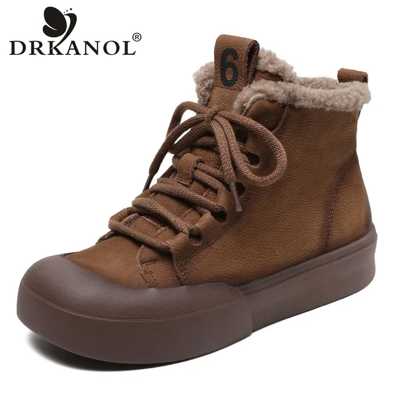 

DRKANOL 2024 Winter Warm Fur Shoes Women Genuine Cow Leather Snow Boots Chunky Platform Flat Heel Casual Ankle Boots Retro Style