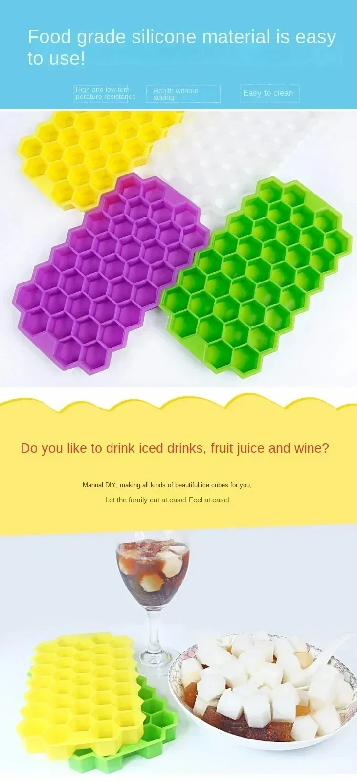 Description Picture 2 of item37-grid Silicone Ice Cube Mold with Cover Cellular Mesh Stackable DIY Ice Mold Reusable Food Grade Kitchen Utensils