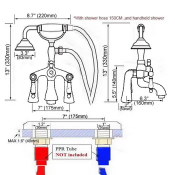 อ่างอาบน้ำก๊อกน้ำโบราณทองเหลืองก๊อกน้ำ Dual Handle Deck Mounted Bath และ Shower ก๊อกน้ำมือถือฝักบัว zan008 2