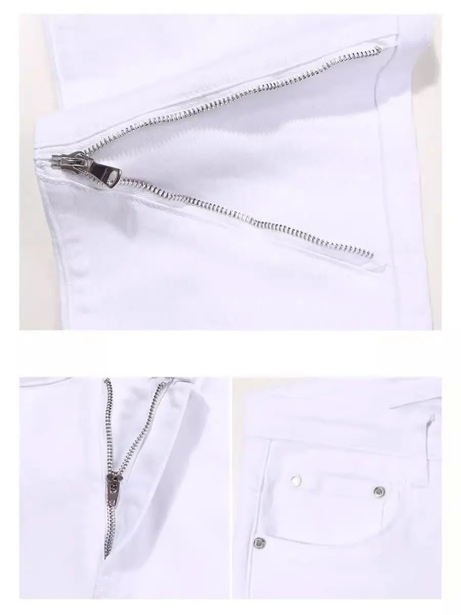 Street Fashion Men Jeans White Elastic Stretch Skinny Fit Ripped Jeans Men Zipper Designer Beading Patch Hip Hop Denim Pants