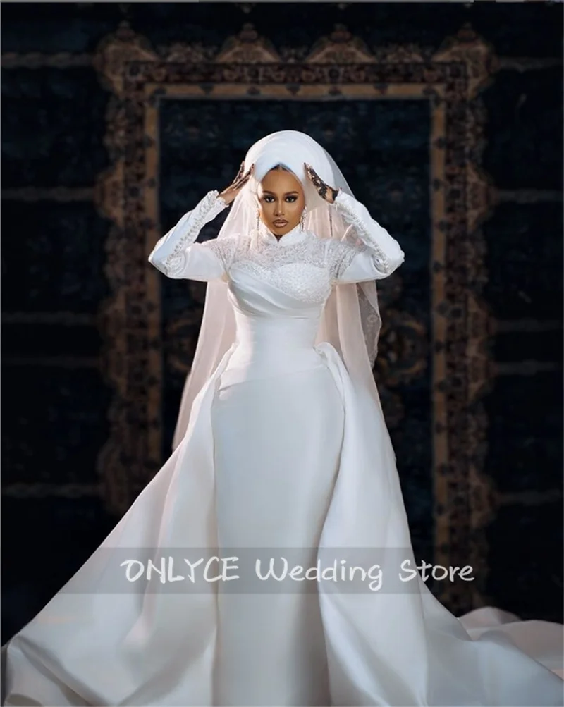 

Dubai Muslim Wedding Dresses With Detachable Train Satin Long Sleeves Lace Appliques Beads Islamic Bridal Gowns Arabic Robe