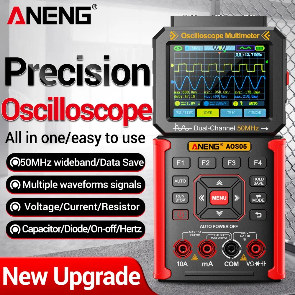 AOS05 휴대용 디지털 오실로스코프 0-1000V 3-in-1 멀티미터 듀얼 채널 50MHz 200MS/s 자동차 수리용 신호 발생기