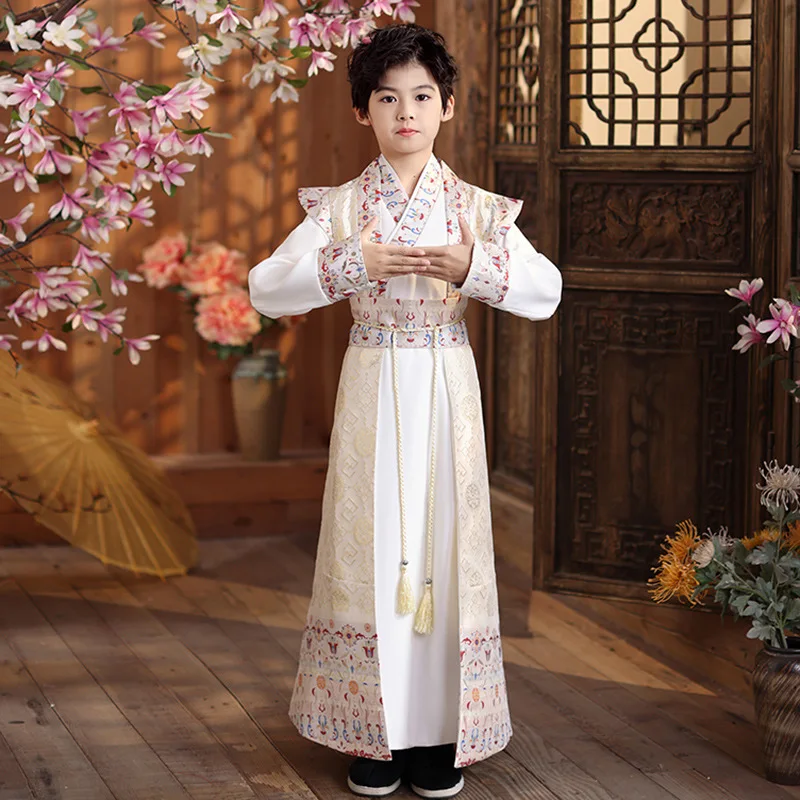 Chinese Style Kids Ancient Champagne Print Costume Children's Hanfu Boys Tang Suit Traditional Dress