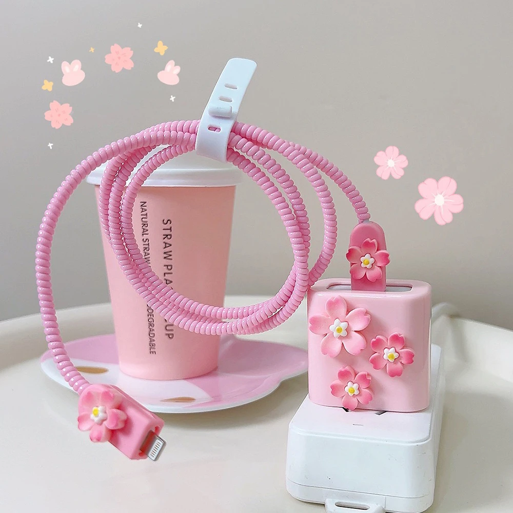 Capa Protetora de Carregador e Cabo de Dados Cherry Flower para iPhone Pro Max, Xiaomi, Samsung - Compatível com Carregadores EU 20W 18W