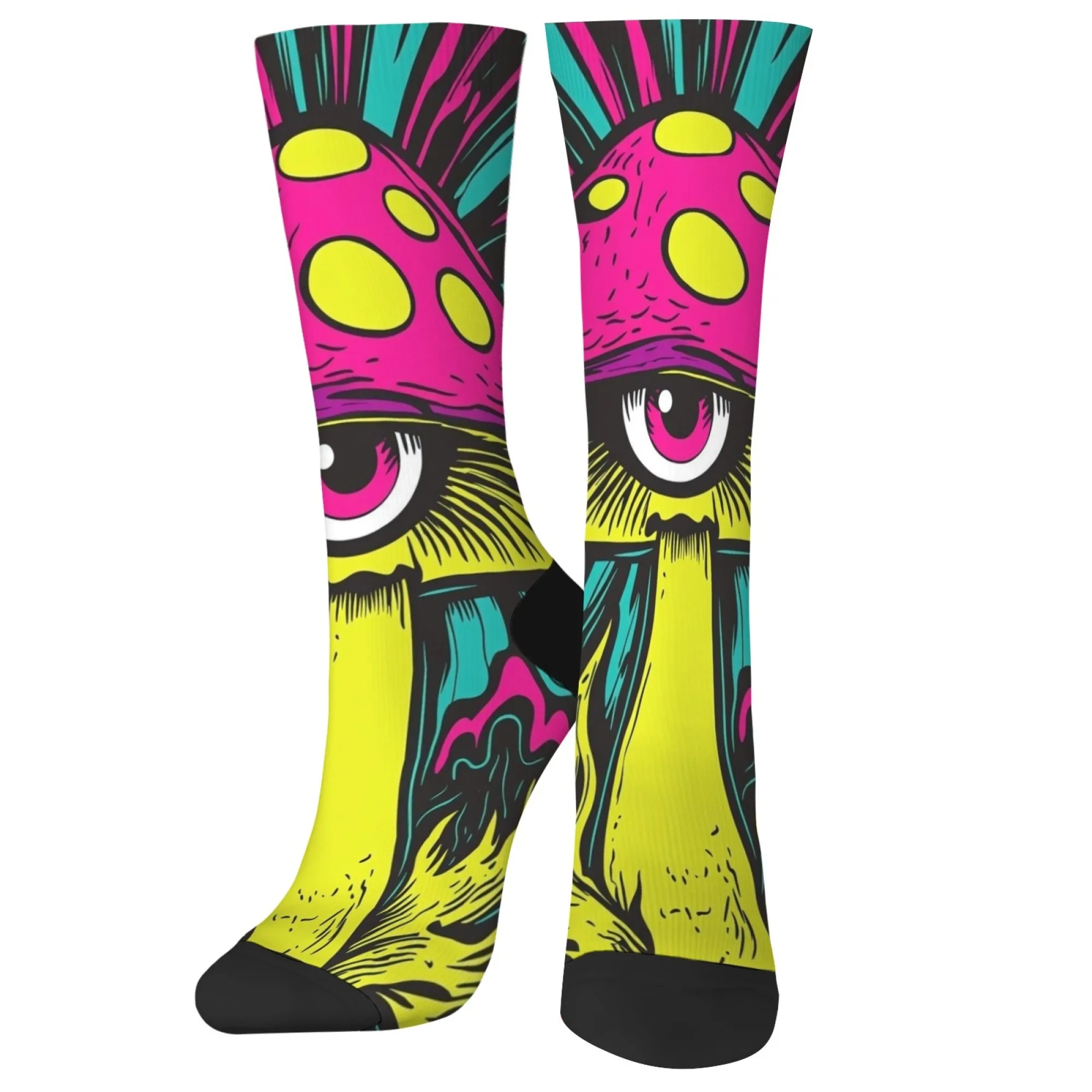Cartoon-Graffiti-Einäugiger Pilzsocken, bunte, skurrile Pilze mit großen Schutzbrille, Neongelb, für verspielte, lässige Mode – Detail 8