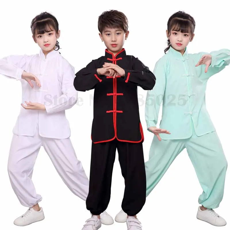 

Boys Girls Solid Kung Fu Uniform Chinese Style Retro Tradition Tang Suit Tai Chi Wushu Clothes Loose Two Piece Set Shirt&Pants