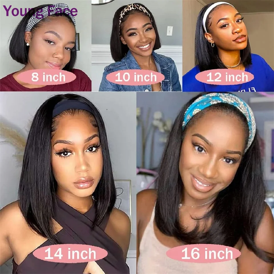 Bob Headband Wig Human Hair Straight 16 Inches Remy Human Hair Wig With Headband For Women Machine Made Short Bob