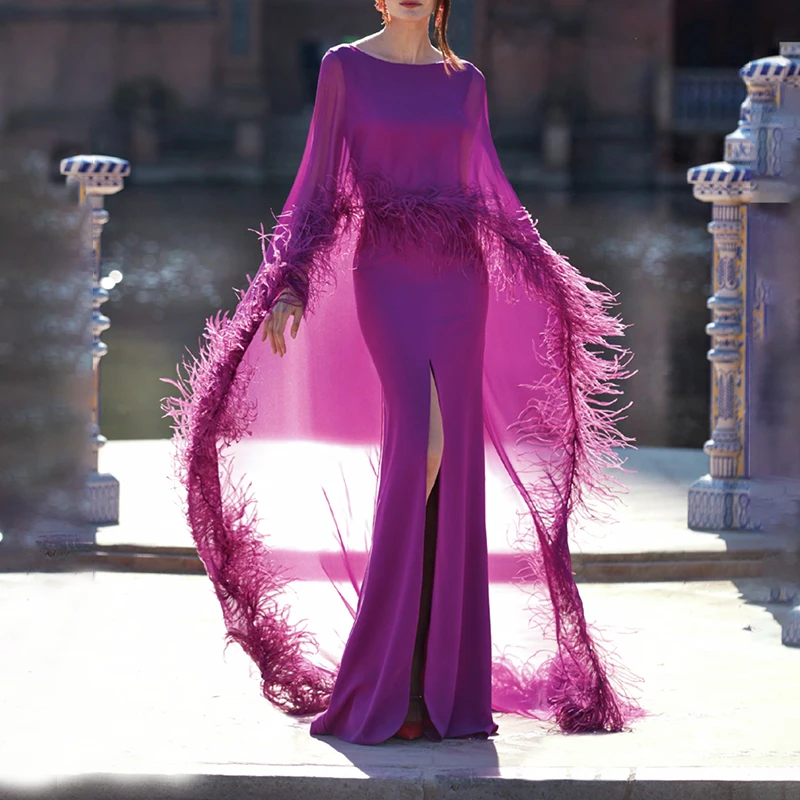 

Elegant Long Feathers Evening Dresses for Women Chiffon Floor-Length Mermaid Slit Prom Special Events Wedding Party Dress 2024