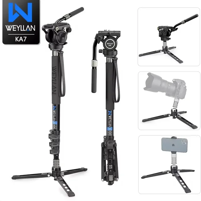 WEYLLAN KA7 Professional Video Monopod Kit Unipod and Fluid Head Travel Tripod Stand Telescopic Handheld Monopod For DSLR Camera
