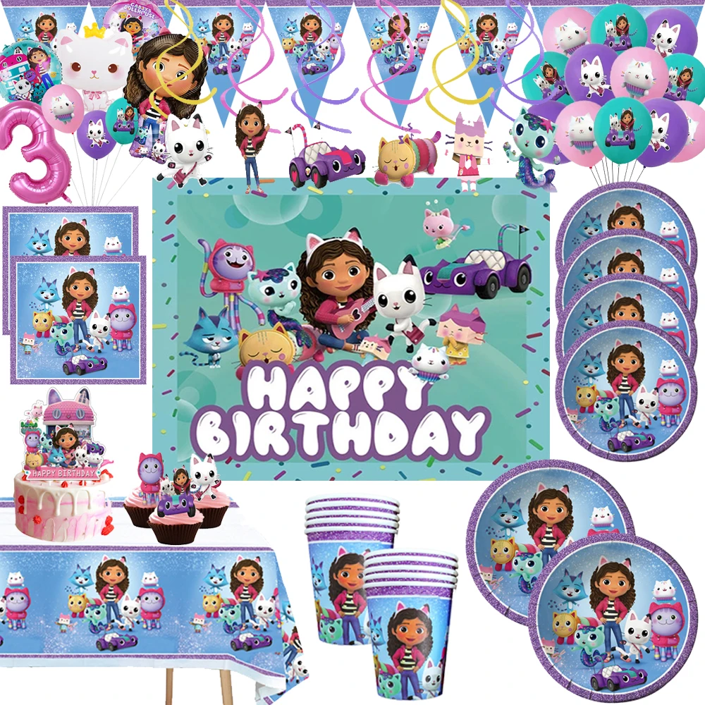 Gabby Dollhouse Cats Birthday Party Decoration Disposable Tableware Plates Cups Balloon for Girls Party Baby Shower Supplies party tableware