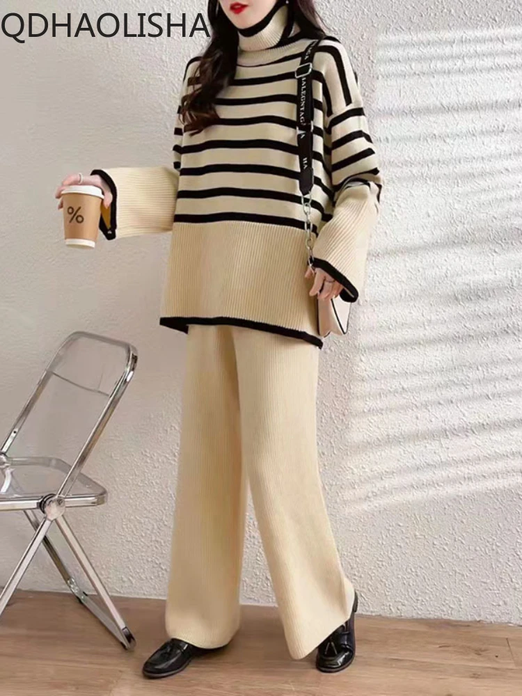 

Pants Sets New In Korean Version Oversize Loose 2 Piece Set Women Outfit Knit Sweater High Collar Casual Knitted Women's Suit