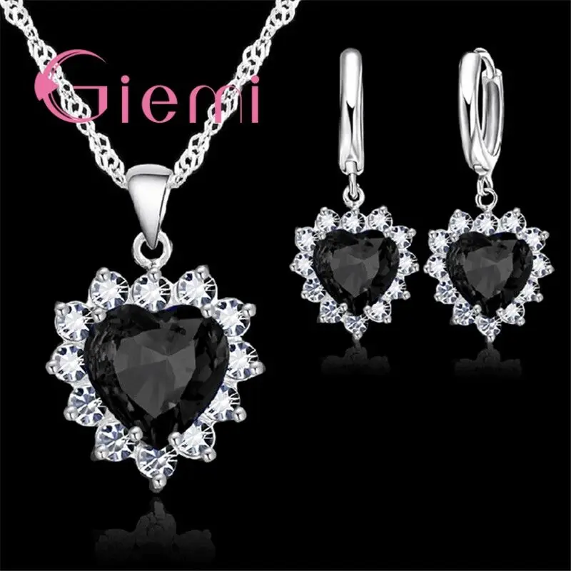Silver Jewelry Sets 925 Sterling For Wedding Women Cubic Zirconia Pendant Necklace Earrings