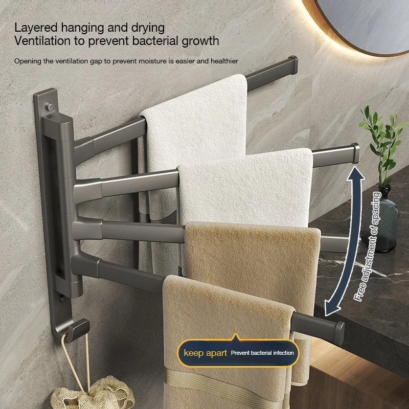 Rotating towel rack bathroom towel storage rack bathroom corner punch-free hanging rod single rod space aluminum