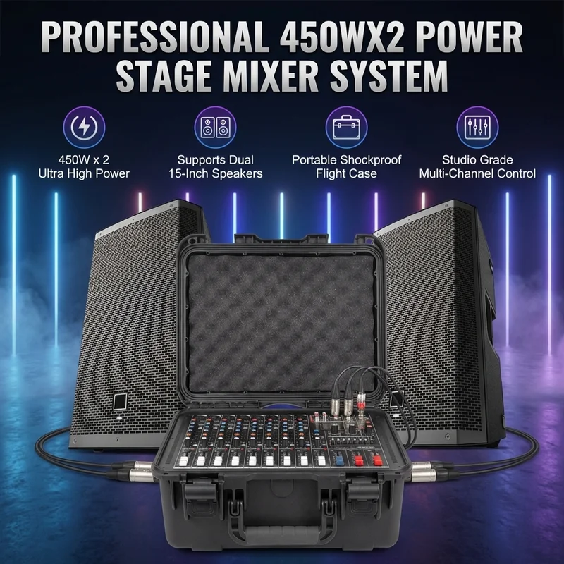 X-960D 8-channel Handheld Portable Audio Mixer, Supporting Dual 450W Passive Speaker Amplifier Output Console, 99 DSP Effects, 7-segment Equalizer, Fan Cooling Bluetooth DJ Mixing Console 8