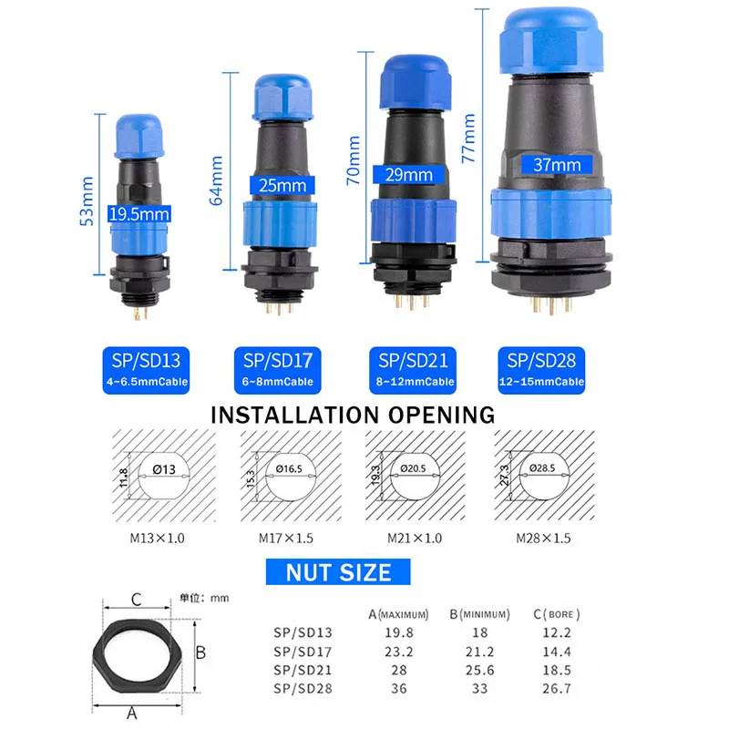 SP13 SP17 SP21 2/3/4/5/7/9PIN Panel Mount Aviation Waterproof Connectors Plug Socket IP68 Electrical Cable Wire Flange/Docking