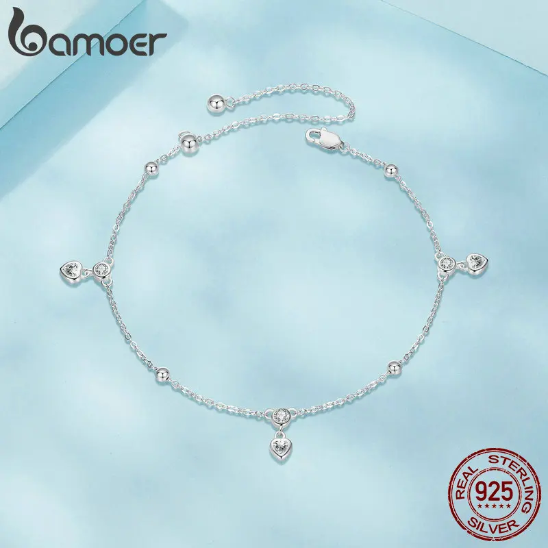 BAMOER 925 Sterling Silver Heart Fringe Chain Anklet Bracelet Adjustable Beach Ankle Chain for Women Foot Chain Jewelry