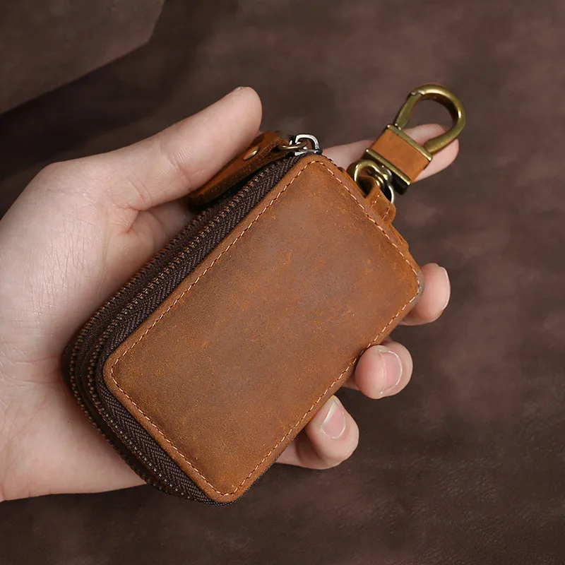 Genuine Leather Key Wallet Keychain Zipper Men Car Key Holder Case