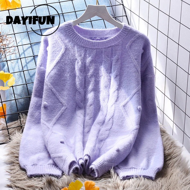 

DAYIFUN Women Knitted Pullovers Ladyies Fashion O-neck Solid Long Sleeve Sweaters Tops Autumn Winter Female Thick Loose Jumpers
