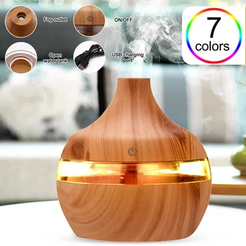 5V 2W 300ML Capacità d'acqua Umidificatore Diffusore di oli essenziali USB Ultrasuoni Legno scuro Grano di luce LED Luce per la stanza della casa 1