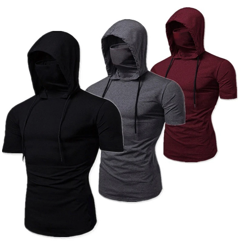 

Mens Gym Hoodie Tops Shorts Sleeve Hoodies With Mask Sweatshirt Casual Splice Large Mask Hoodie Sweatshirt Hooded Tops Cycling