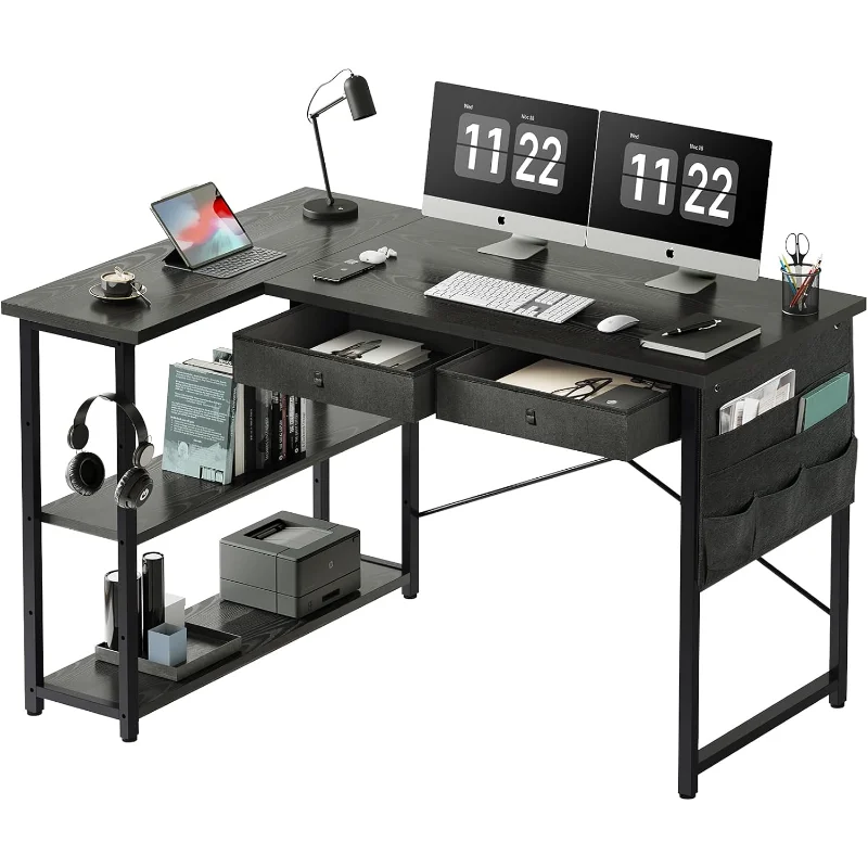 

Ｍａｉｈａｉｌ Small L Shaped Desk with Storage, 47" Corner Desk with Drawers, Adjustable Storage Shelves and Side Pouch,Computer Desk