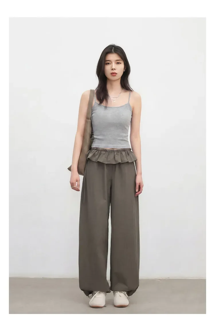 Wijde broek voor dames effen met elastische taille lounge broek_voghion.com
