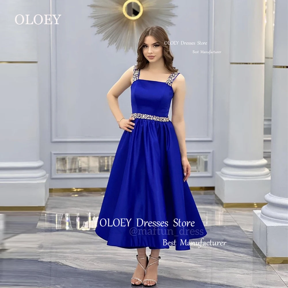 

OLOEY Beads A Line Blue Prom Dresses Wide Straps Satin Mid-Calf Evening Gowns Homecoming Dress Wedding party vestidos