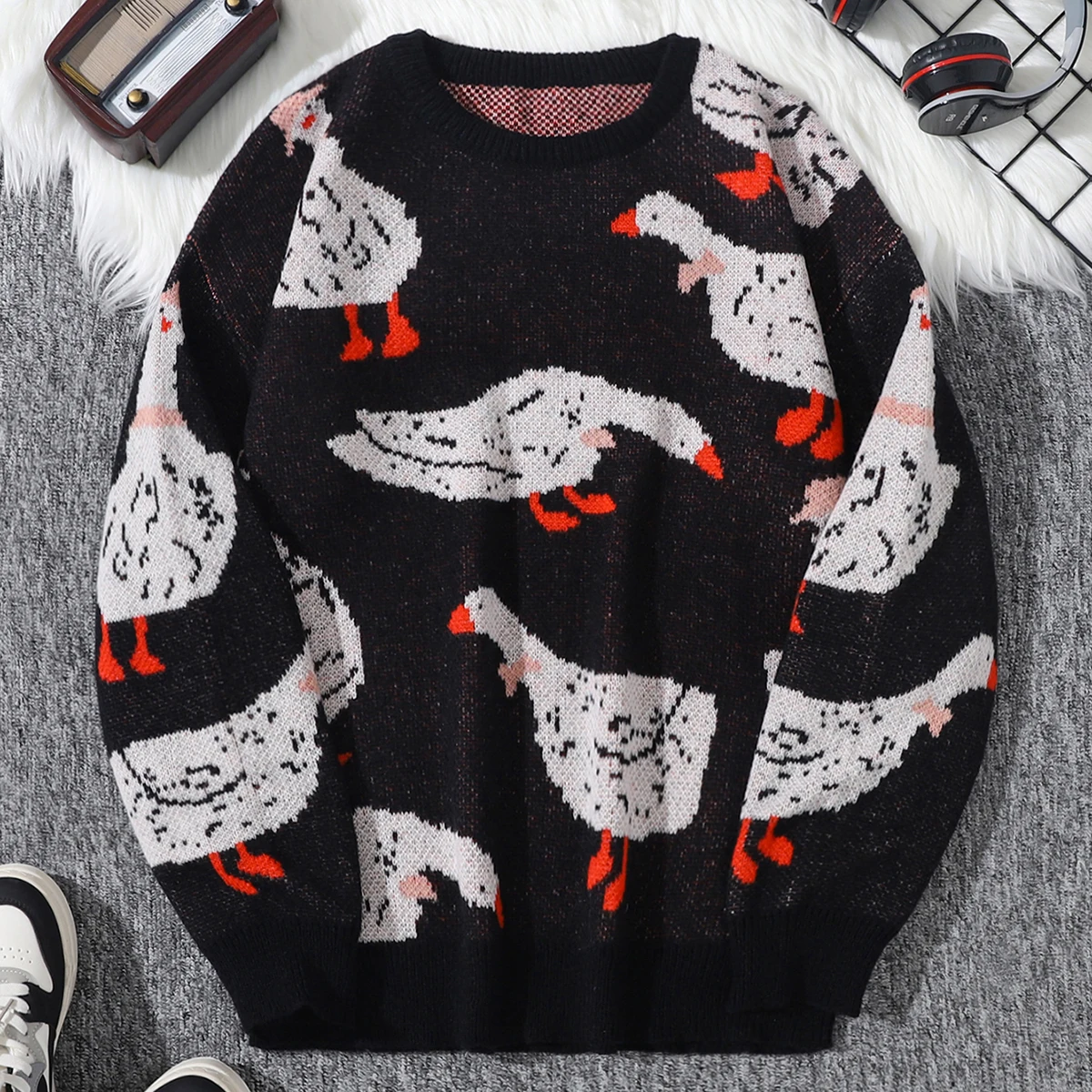 XLサイズ DUCK JACQUARD KNIT SWEATER New Popular Autumn Winter Cute Duck Jacquard Pattern