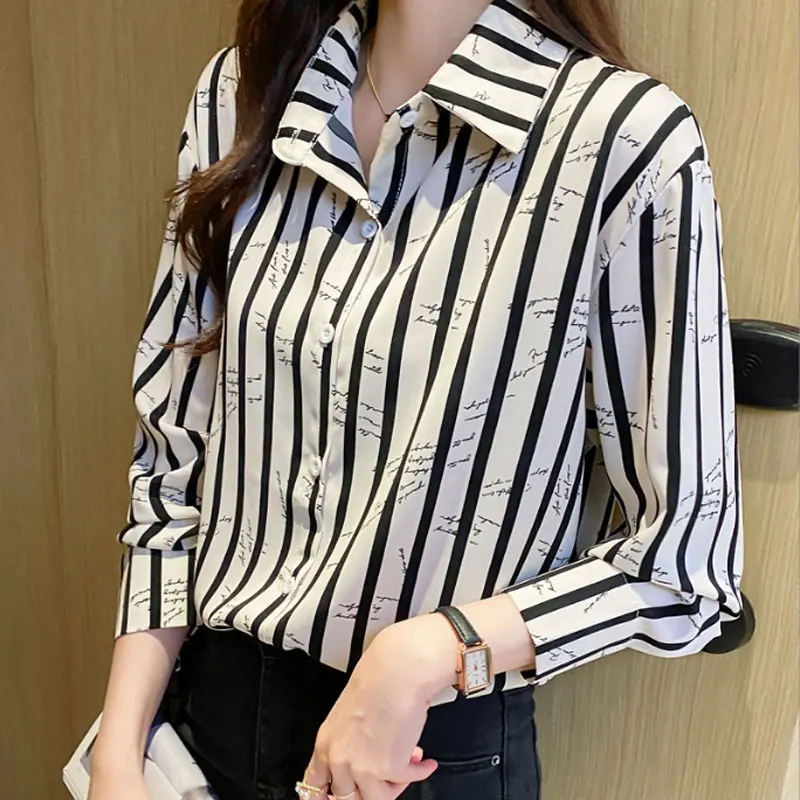 Streetwear Striped Letter Printed Straight Blouse Women's Clothing Polo-Neck Casual Spring Autumn Korean Single-breasted Shirt