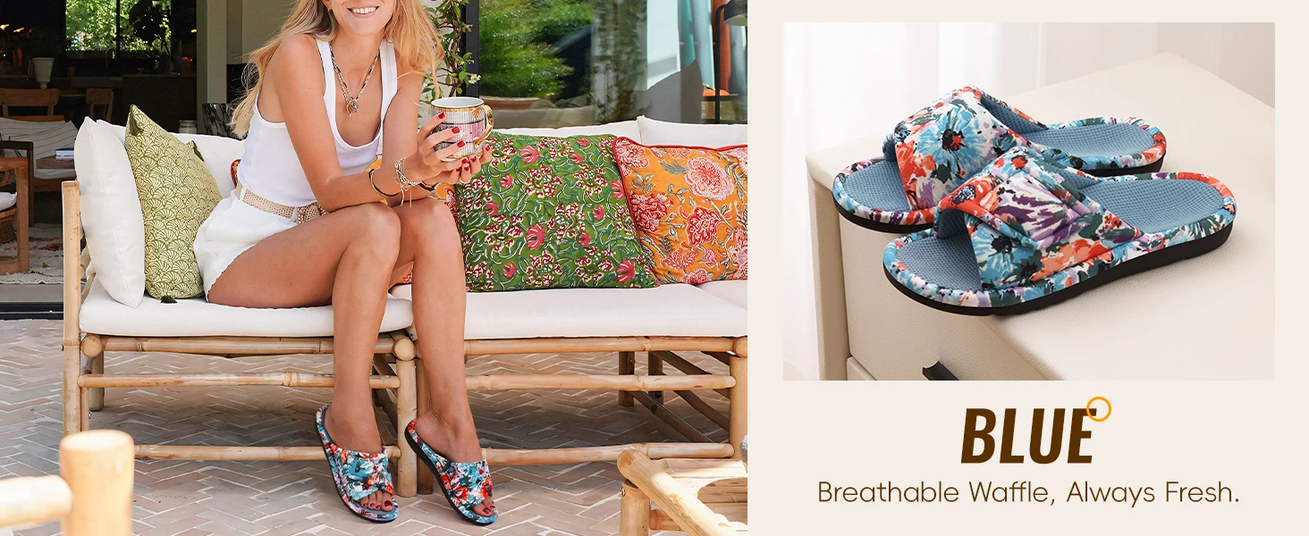 Shevalues Hausschuhe mit offener Zehenpartie für Damen, atmungsaktive Waffel-Baumwoll-Hausschuhe mit Fußgewölbestütze, Slip-On-Slipper mit weicher Sohle – Detail 7