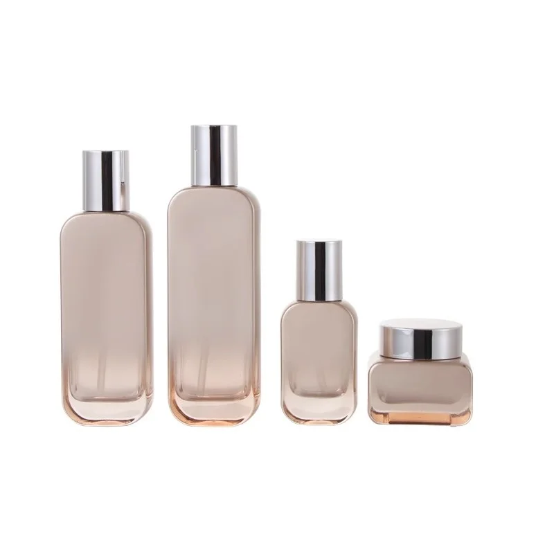 

6Pcs Emulsion Lotion Glass Bottles Empty Flat Square Cosmetic Containers 30ml 50ml 100ml 50G Shiny Silver Lid Facial Cream Jars