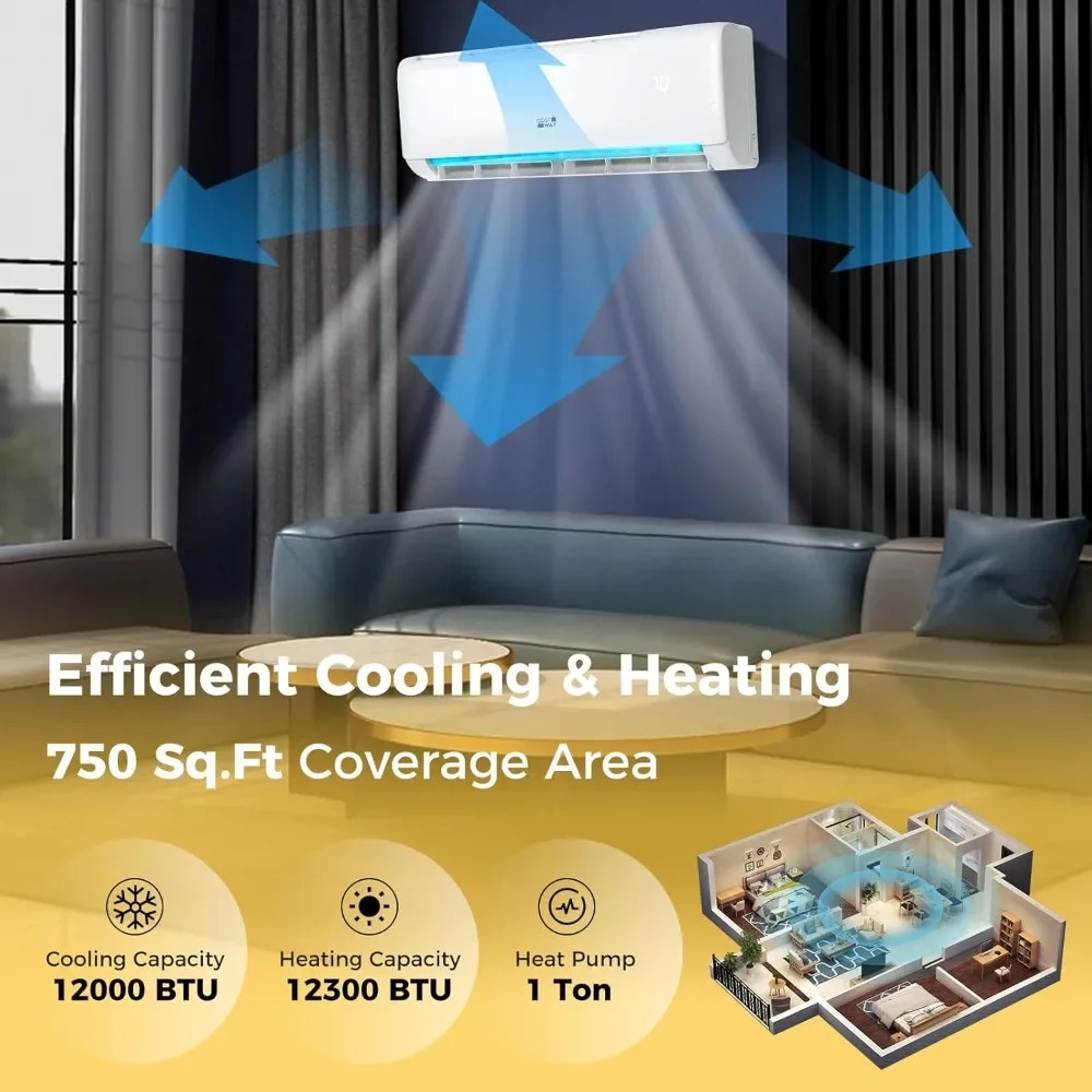 12,000 btu mini split air conditioner, with heat pump, energy star, 21 seer2 inverter, 24h timer, auto clean, remote control fo