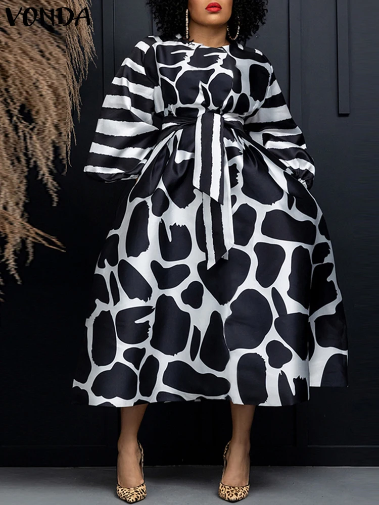 Plus Size VONDA Women Elegant Long Dress 2024 Long Sleeve Satin Silk  Printed Wedding Sundress Belted Casual Loose Party Vestidos | Bodega  Aurrera en lnea