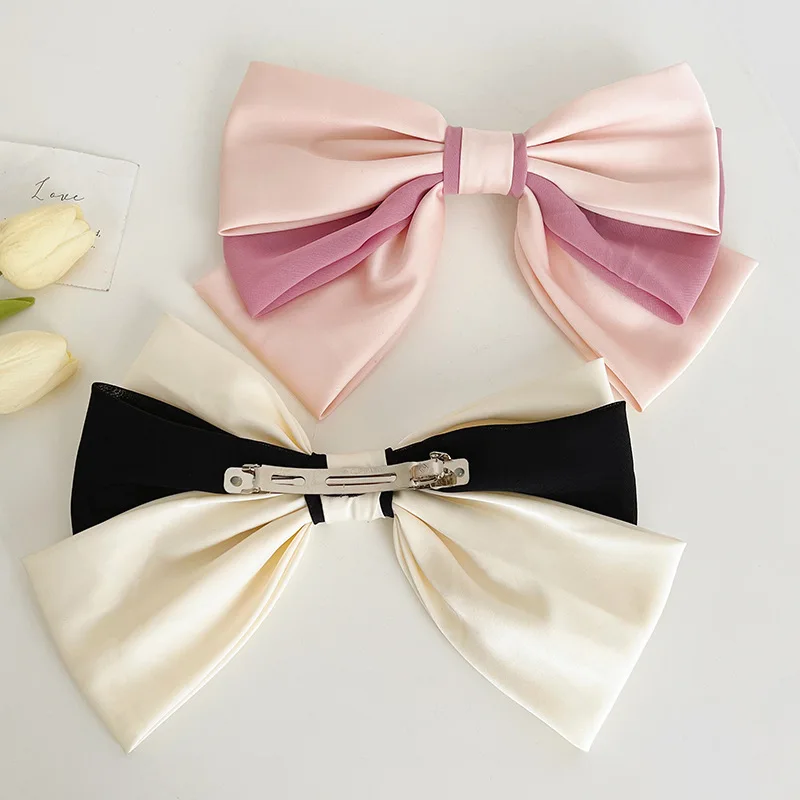 New Fashion Barrette Bow Korean Color Matching Oversized Spring Clip Bow Top Clip For Women Girl Satin Hairpin Hair Accessories