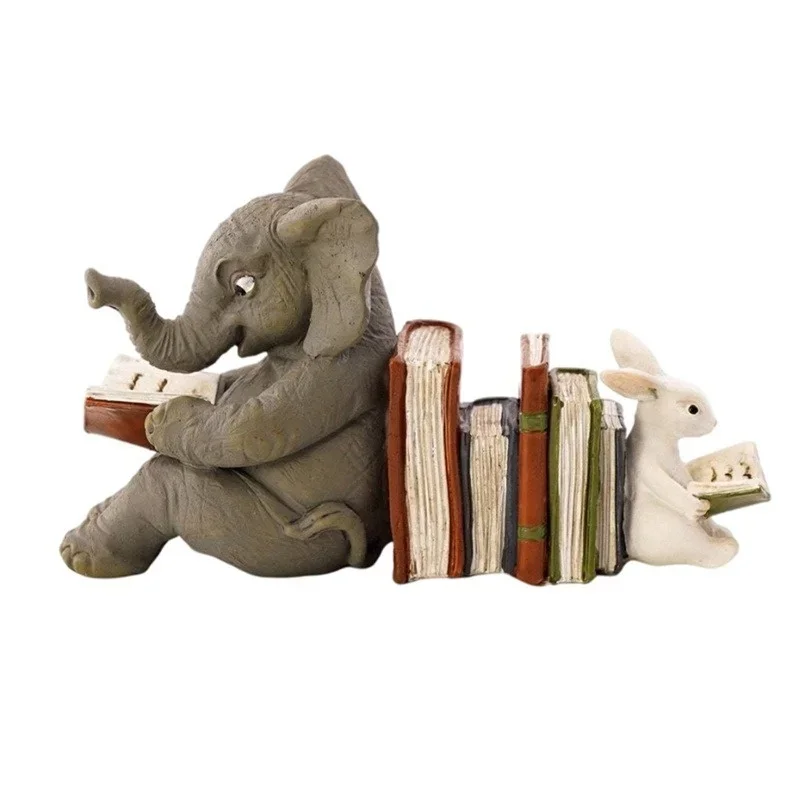 Elephant and Rabbit Reading Learning Statue Bookend Resin Animal Statue Decoration Home Decor