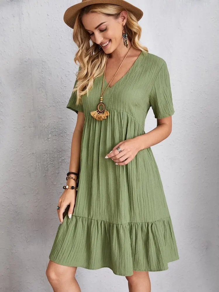 Elegant V Neck Ruffle Mini Dress - Womens Casual Summer Sundress
