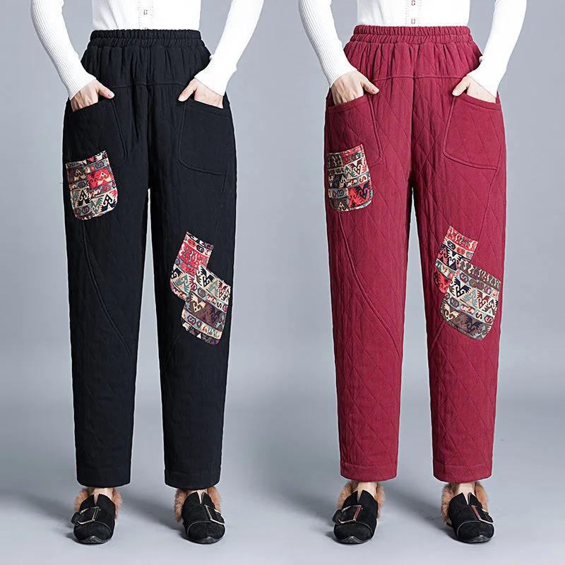 

Chinese Style Elastic High Waist Cotton Padded Pants For Women Vintage Casual Trousers Warm Winter Thick Harem Pants