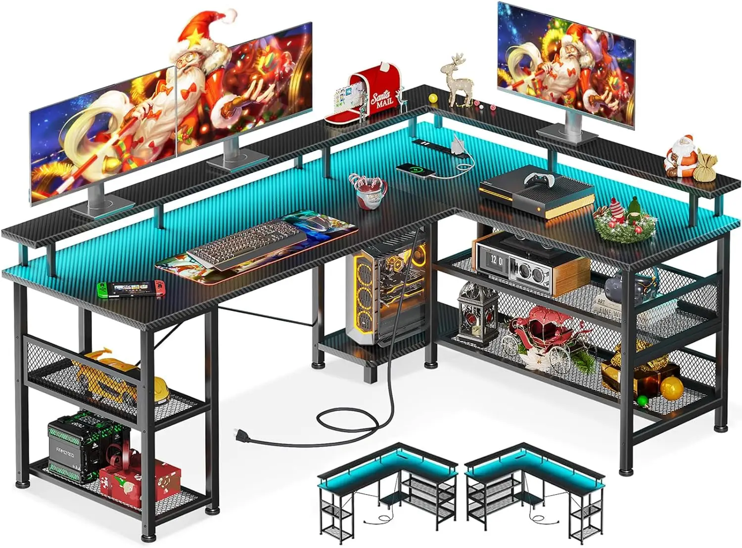 

ODK 59" L Shaped Gaming Desk with Power Outlet and LED Lights, Reversible L Shaped Desk with Storage Shelves & Monitor Stand, Ga