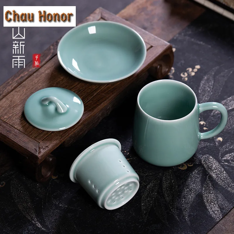 375ml Handmade Longquan Celadon Filter Tea Separator Cup Traditional Tea Mug with Infuser Tea Brewing Office Water Cup Ornaments