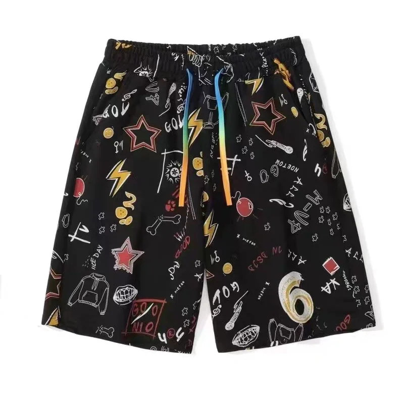 Şort erkek Yaz Plaj Gevşek Çiçek Pinnie Pantolon erkek Rahat Kıyafetler Yakışıklı Karikatür Graffiti Baskılar