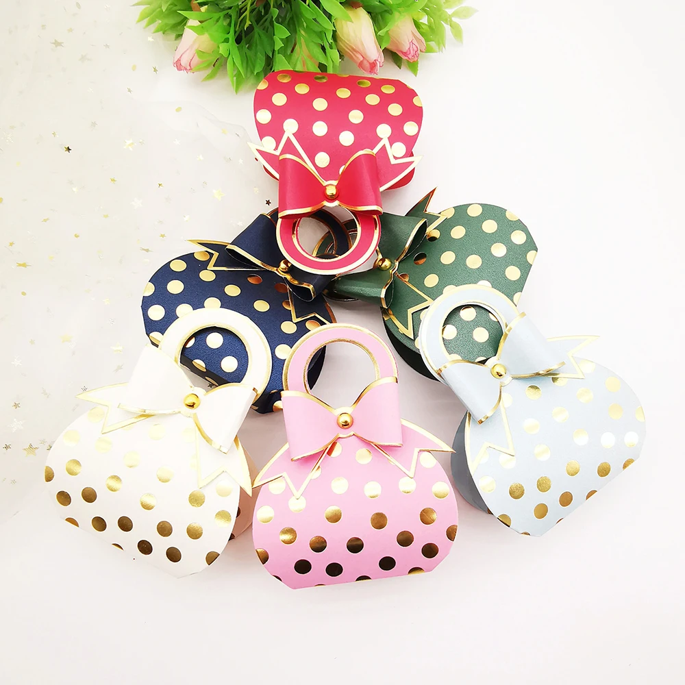 10Pcs 귀여운 브론 징 핸드 가방 도트 캔디 선물 상자 베이비 샤워 웨딩 Dragee 호의 상자 초콜릿 종이 포장 포장 용품