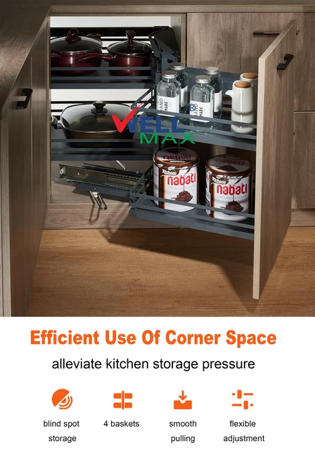 2-Tier Blind Corner Pull-Out Organizer For Kitchen Cabinets – 4 Baskets, Adjustable Height, Damping Slides