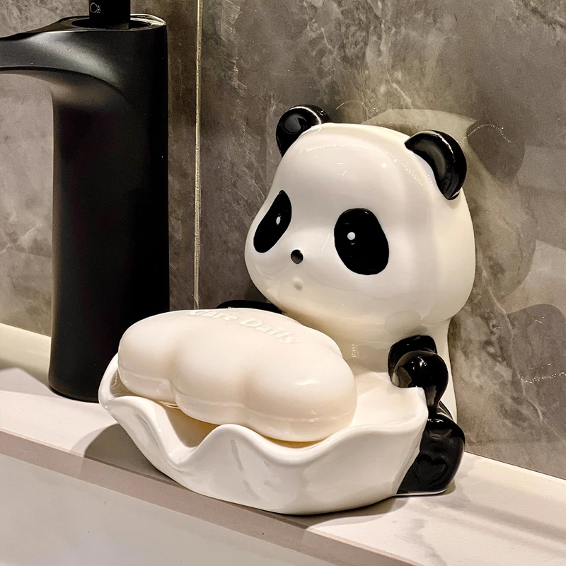 Ceramic Panda Shaped Soap Dish Storage Rack, Bathroom Supplies, Creative Light Luxury, High Beauty, Cute Drain, No Punching, 1Pc