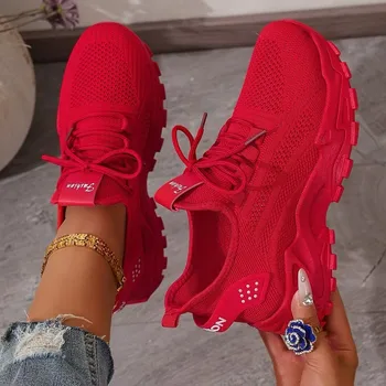 Women's Chunky Dad/Mom Sneakers 4cm Heightening Knit Mesh Breathable Non-Slip Lace Up Casual Athletic Trainers