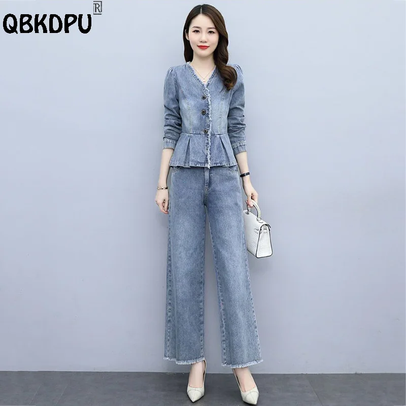 SpringElegantJeanTwoPieceSetsWomenChicTasselVNeckDenim