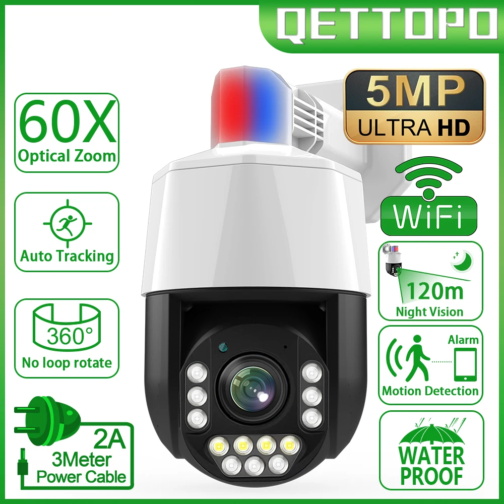

Qettopo 5MP 360° Rotation PTZ WIFI Camera 60X Optical Zoom AI Human Tracking Outdoor Security CCTV Surveillance RJ45 IP Camera