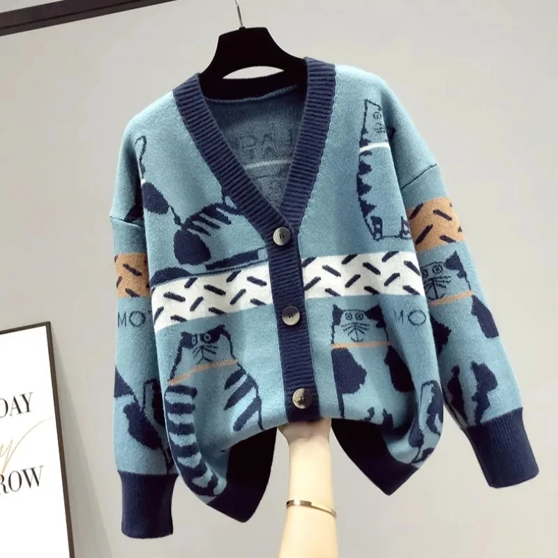 

Contrast Color Cartoon Printing Knitted Cardigan Women Autumn Long Sleeve V-neck Jacquard Sweaters Korean Fashion Streetwear New