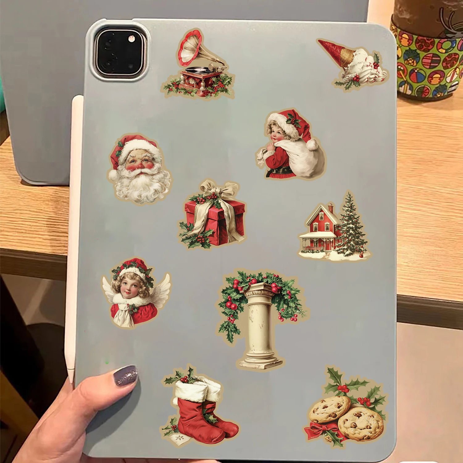50개 귀여운 빈티지 크리스마스 스티커 창의적인 오토바이 장식 선물 전화 아트 사진 미학 방수 레트로 스티커